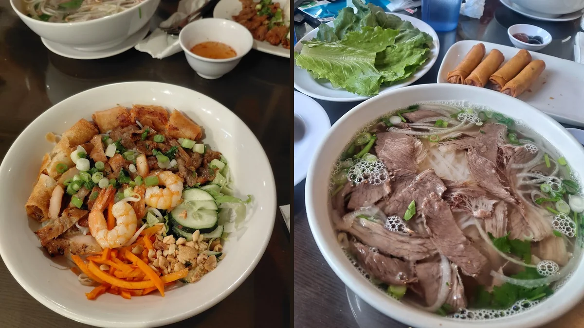 Simple Vietnamese dishes on a restaurant table.
