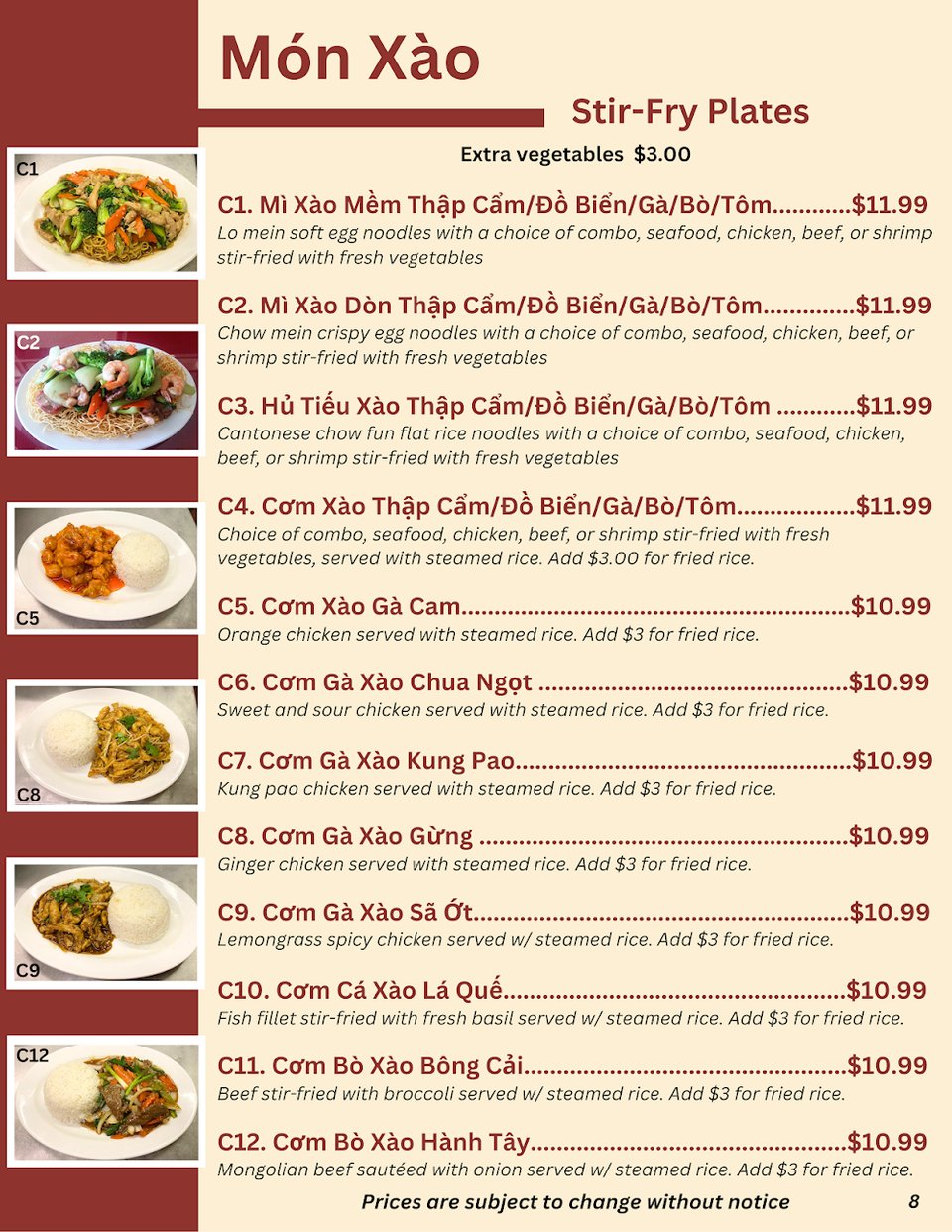 Traditional Vietnamese dish names on a menu.
